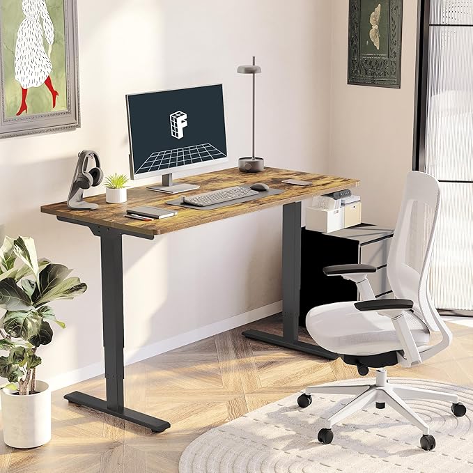 FLEXISPOT E6 3 Stages Dual Motor Electric Standing Desk 55x28 Inch Whole-Piece Board Height Adjustable Electric Sit Stand Desk(Black Frame + Special Walnut Desktop, 2 Packages)