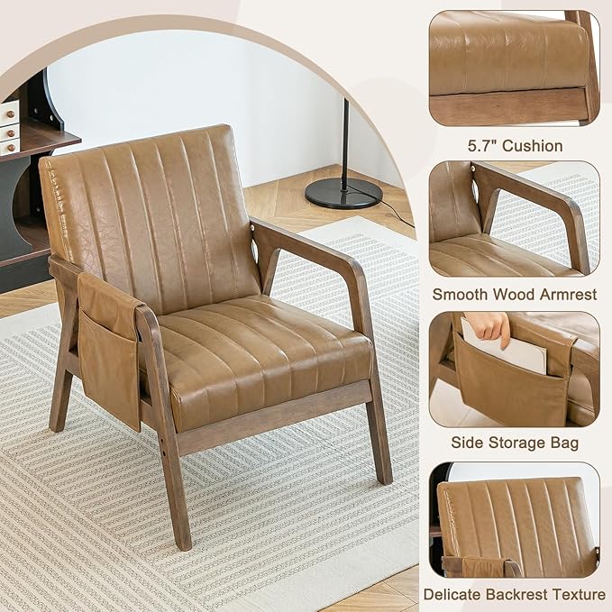 EROMMY Mid Century Modern Leather Accent Chair with Wood Frame, Faux Leather Accent Armchair with Storage Bag,Pu Living Room Accent Chair for Reading, Bedroom,Light Brown