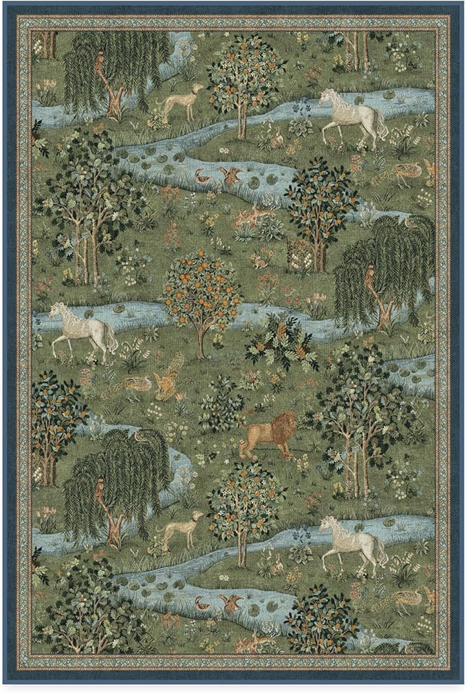 RUGGABLE x Morris & Co Washable Area Rug – Owl & Willow Green 4x6, Stain-Resistant, Non-Slip – Medium Machine Washable Rugs for Living Room, Bedroom, Hallway, Entryway & Office–with Standard Pad