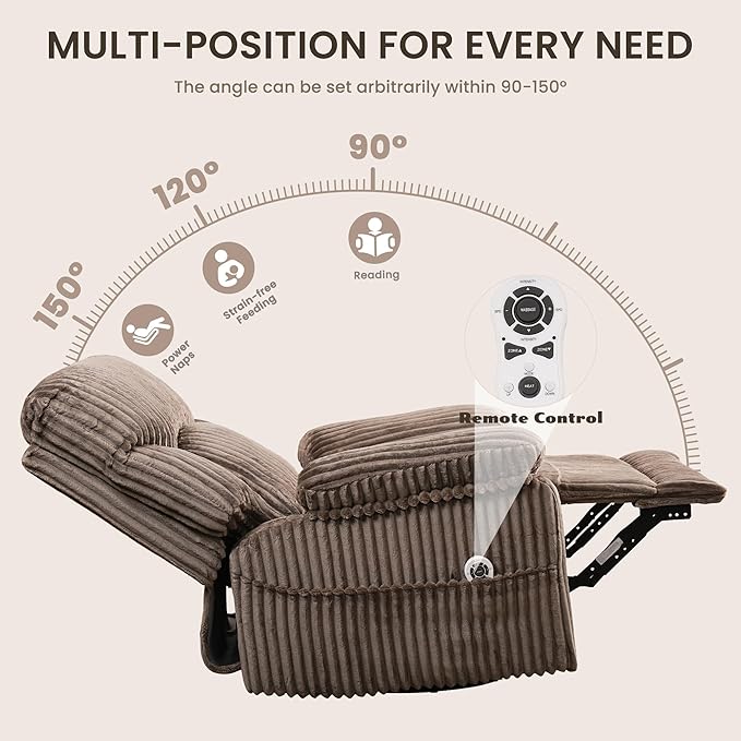 Power Swivel Rocker Recliner Chair with Massage and Heat for Adults, Electric Infinite Position Recliner with USB Charging Port, Corduroy and PU Leather Mixed Fabric, Easy Assembly (Brown)
