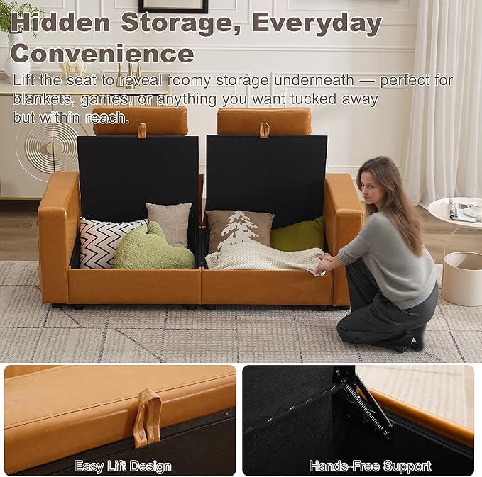 69.7" Loveseat Storage Sofa, Faux Leather Love Seat Couch with Headrest & Pocket, Modular Sectional Cloud 2 Seater Sofas for Living Room Apartment Small Spaces, Oversized Deep Seat Couches, Brown