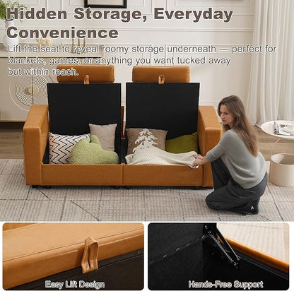 69.7" Loveseat Storage Sofa, Faux Leather Love Seat Couch with Headrest & Pocket, Modular Sectional Cloud 2 Seater Sofas for Living Room Apartment Small Spaces, Oversized Deep Seat Couches, Brown