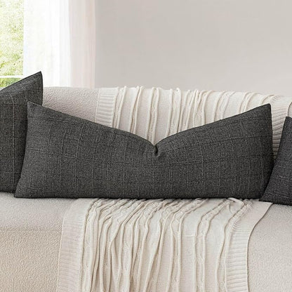 Foindtower Set of 2 Decorative Linen Check Throw Pillow Covers Neutral Long Body Lumbar Cushion Covers Farmhouse Vintage Home Decor for Sofa Chair Couch Bedroom Living Room,14×36 Inch,Charcoal
