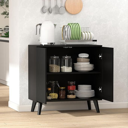 Fluted Sideboard Buffet Cabinet with 2 Doors, Modern Storage Cabinet with Adjustable Shelves, Wood Console Table for Kitchen Dining Living Room Entryway (Black)