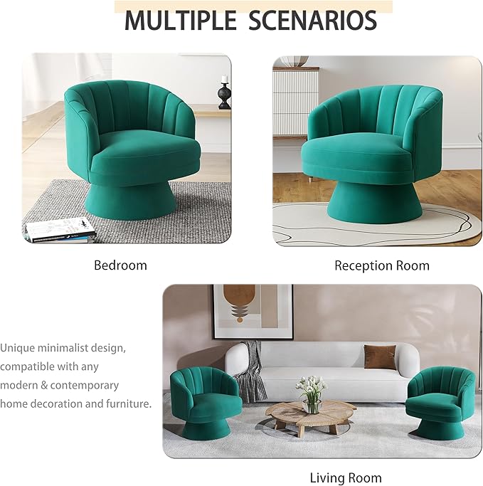 Swivel Accent Chair,Upholstered Velvet 360° Swivel Barrel Chair for Living Room Overstuffed Bouncle Reading Chair Round Armchair for Bedroom,Vanity,Office (Dark Green)