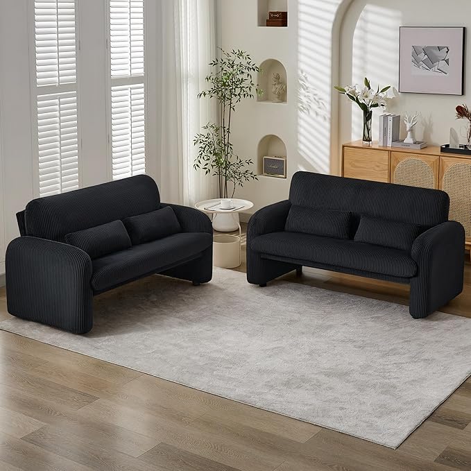 56'' Corduroy Loveseat Sofa, 2 Seater Love Seat Couch for Small Space, Comfy Upholstered Modern Leisure Loveseat Couches with Lumbar Pillows for Bedroom, Office, Living Room, Black