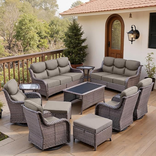 Belord Luxury 6" Thick Cushioned 11 Pieces Patio Furniture Set with Outdoor Couch, Wicker Outdoor Conversation Set with High Back Swivel Rocker Chairs for Deck Porch Yard and Poolside - Brown+Grey