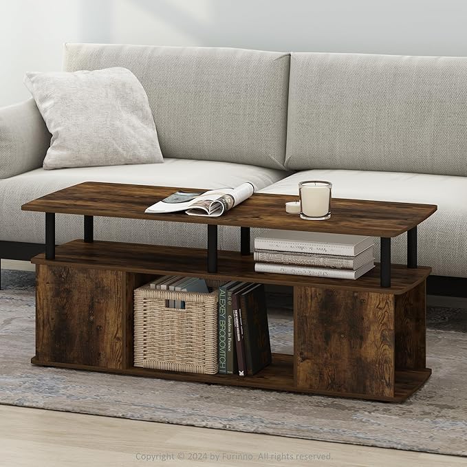 Furinno Jaya Coffee Table, Rectangle Modern Coffee Table with Open Shelf, Side Table with Side Storage, for Living Room, Bedroom, Home Office, Amber Pine