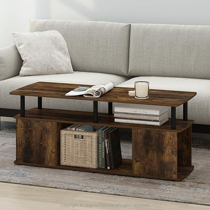 Furinno Jaya Coffee Table, Rectangle Modern Coffee Table with Open Shelf, Side Table with Side Storage, for Living Room, Bedroom, Home Office, Amber Pine
