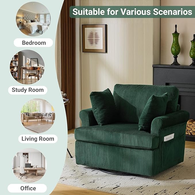 Karl home 39" Swivel Accent Chair,Oversized Seat Armchair W/2 Pillows and 4 Pockets,Modern Upholstered Corduroy Barrel Chairs,Comfy Single Sofa for Living Room,Reading,Bedroom and Office-Dark Green