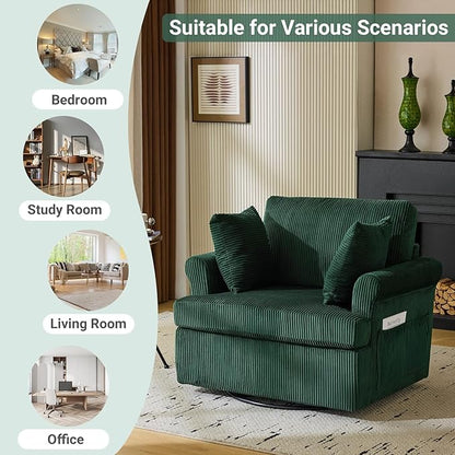 Karl home 39" Swivel Accent Chair,Oversized Seat Armchair W/2 Pillows and 4 Pockets,Modern Upholstered Corduroy Barrel Chairs,Comfy Single Sofa for Living Room,Reading,Bedroom and Office-Dark Green