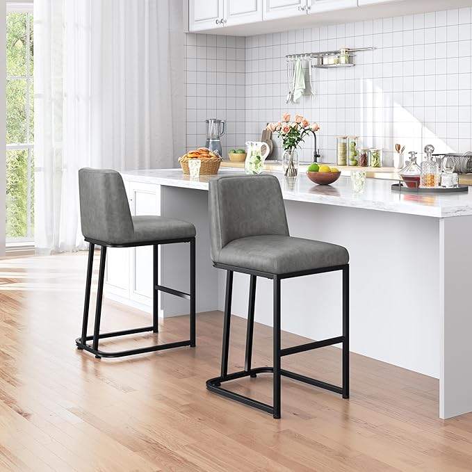 Yaheetech Counter Height Bar Stools 24'' Bar Stools Set of 2 Leather Bar Chairs Modern Upholstered Barstools with Back for Kitchen Counter Gray