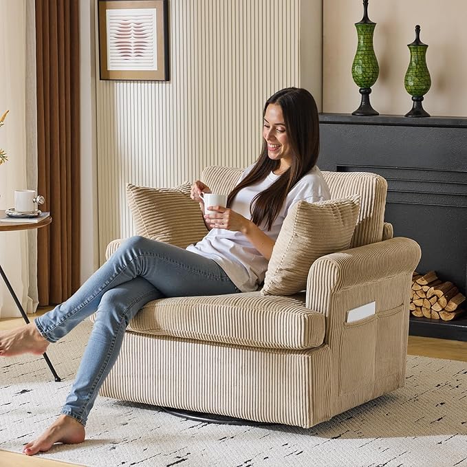 Karl home 39" Swivel Accent Chair,Oversized Seat Armchair W/2 Pillows and 4 Pockets,Modern Upholstered Corduroy Barrel Chairs,Comfy Single Sofa for Living Room,Reading,Bedroom and Office-Khaki