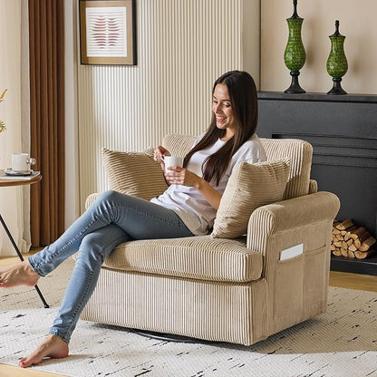Karl home 39" Swivel Accent Chair,Oversized Seat Armchair W/2 Pillows and 4 Pockets,Modern Upholstered Corduroy Barrel Chairs,Comfy Single Sofa for Living Room,Reading,Bedroom and Office-Khaki
