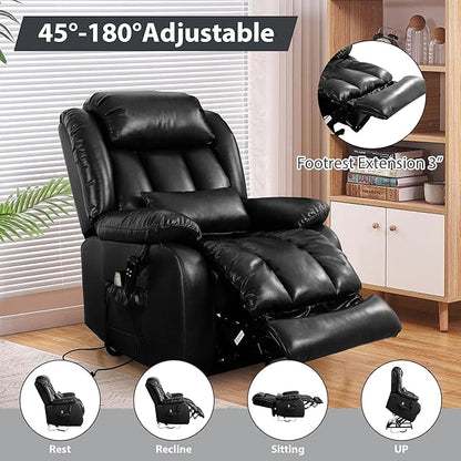 EDILLY Large Lift Chair Recliner, Genuine Leather Dual Motor Recliners Chairs for Elderly, Heating and Massage for Seniors, Double Lumbar Cushions and Extended Footrest, USB/Type-c Port(Black)