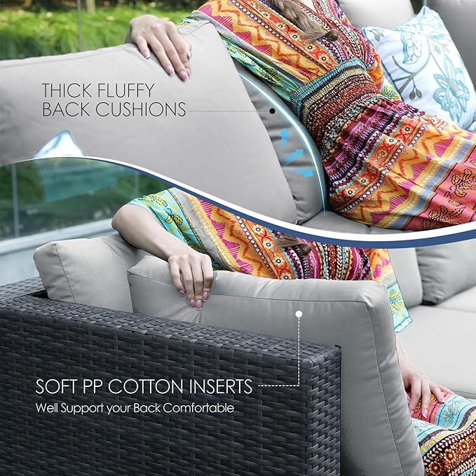 NICESOUL 29.3'' High Back Outdoor Patio Conversation Set with Firepit Natural Gas Propane Convertible, Plus Size Modular Wicker Furniture Couches, 9 Piece Modern Deep Wide Sectional Sofa, Light Gray