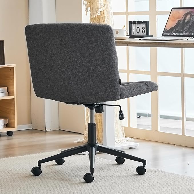 Furnimart Criss Cross Desk Char Wide Seat with Wheels, 360° Swivel Cross Legged Desk Chair Thick Cushion, Comfy Armless Home Office Chair for Bedroom, Vanity, Sturdy (Linen Gray)