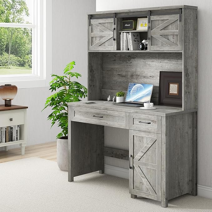 Vabches Farmhouse 47" Executive Desk, Computer Desk with 2 Drawers, LED Light and Storage Cabinet, Home Office Desk with Hutch, Charging Hub, Workstation for Home Office and Study.Grey
