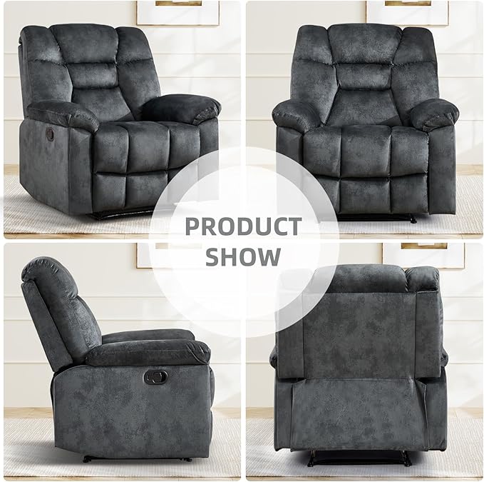 EBELLO Manual Recliner Chair for Adults with Soft Padded Headrest and Backrest, Overstuffed Single Recliner Sofa Chair for Living Room, Grey