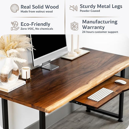 Solid Walnut Wood Computer Desk with Keyboard Tray – Live Edge Wooden Home Office Desks with Sturdy Metal Legs – Real Wood Table for Work, Study, or Gaming - 60” x 27”