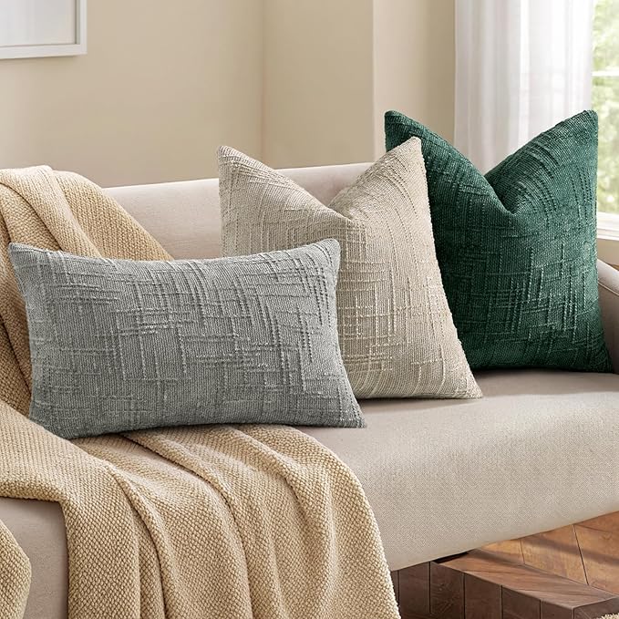 decorUhome Christmas Green Chenille Throw Pillow Covers 12x20 Set of 2 Thick Textured Slubby Couch Pillow Covers Farmhouse Accent Modern Neutral Decorative Pillow Cases for Bed Sofa Living Room