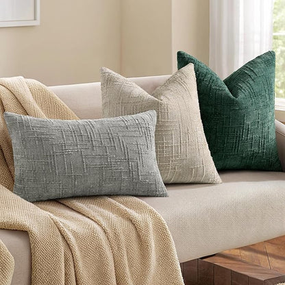 decorUhome Christmas Green Chenille Throw Pillow Covers 12x20 Set of 2 Thick Textured Slubby Couch Pillow Covers Farmhouse Accent Modern Neutral Decorative Pillow Cases for Bed Sofa Living Room