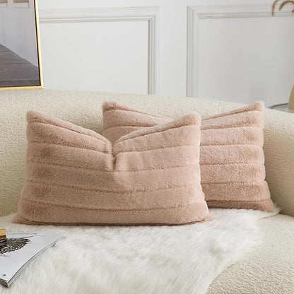 Pack of 2 Faux Fur Throw Pillow Covers 12x20 Inch Striped Decorative Soft Plush Couch Pillow Case Home Decor for Bed, Sofa, Living Room Beige