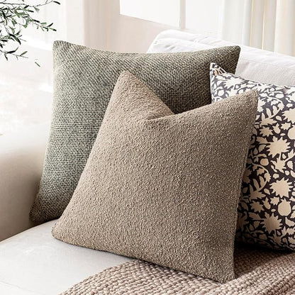 Foindtower Set of 2, Decorative Textured Boucle Throw Pillow Covers Accent Solid Pillow Cases Neutral Cozy Couch Cushion Case for Chair Sofa Bedroom Living Room Home Decor 16x16 Inch Light Khaki Tan