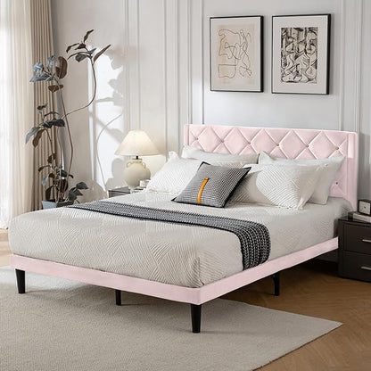 Queen Size Platform Bed Frame with Velvet Upholstered Headboard and Sturdy Wooden Slats Support,Mattress Foundation，Easy Assembly, No Box Spring Needed,Slip Resistant (Pink, Queen)