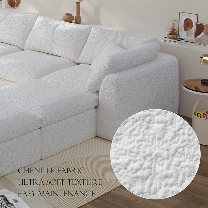Boneless Cloud Couch Modular Sectional Sofa with Deep Seat for Living Room, L Shape Couch with Ottoman, Snowflake Cloth and 40D Memory Sponge，2 Throw Pillows (White, 6 Seater+2 Ottoman)
