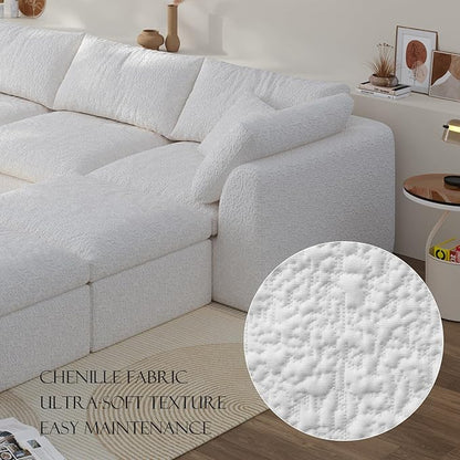 Boneless Cloud Couch Modular Sectional Sofa with Deep Seat for Living Room, L Shape Couch with Ottoman, Snowflake Cloth and 40D Memory Sponge，2 Throw Pillows (White, 6 Seater+2 Ottoman)