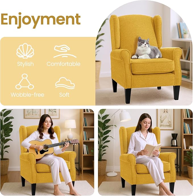 Accent Chair, Modern Living Room Chairs with Wingback, Comfy Upholstered High Back Single Sofa for Bedroom, Mid-Century Reading Armchair Sillas para Sala
