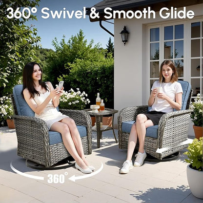 5 PCS Patio Outdoor Furniture Set with Swivel Rocking Chairs,All Weather Wicker Rattan Patio Seating Sofa and Chairs Set,Outdoor Conversaiton Sets for Deck Yard Prrch Garden Poolside,Blue