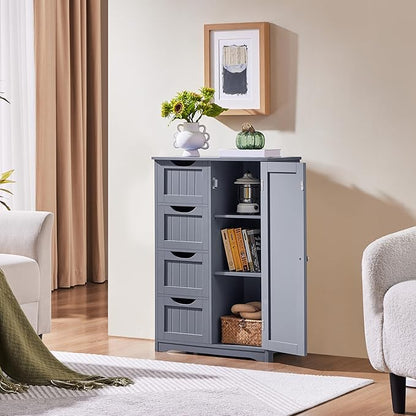 Yaheetech Bathroom Floor Cabinet, Freestanding Storage Organizer Unit Kitchen Cupboard W/ 4 Drawers & Adjustable Shelves, Using for Kitchen/Bathroom, Gray