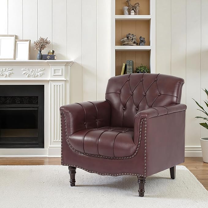 Faux Leather Accent Chair, PU Leather Modern Comfy Upholstered Armchair with Wood Legs & Nailhead Trim for Living Room, Bedroom