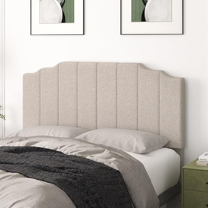 Queen Size Headboard Only, Linen Wall Mounted Headboard Queen/Full Size for Adjustable Bed, Modern Vertical Channel Design with Curved Tufted Upholstered Head Board, Beige
