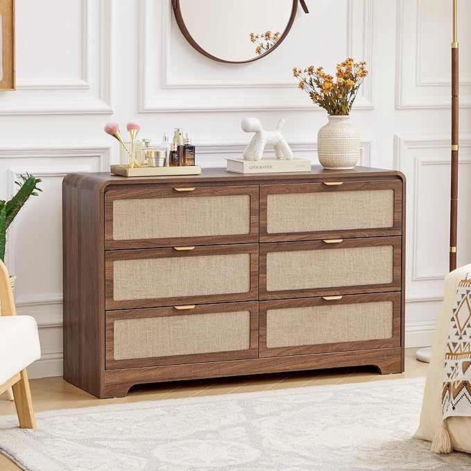 6 Drawer Dresser for Bedroom, 48" Wide Curved Wooden Dresser with Natural Linen & Metal Handle, Mid Century Modern Chest of Drawers Closet Clothes Storage Organizer for Living Room, Walnut