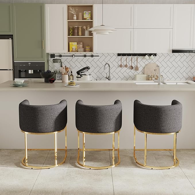 Linen Bar Stools Set of 3, 24" Contemporary Upholstered Fabric Counter Height Bar Stools Kitchen Counter Island Stools Barstools with Golden Metal Base, Charcoal