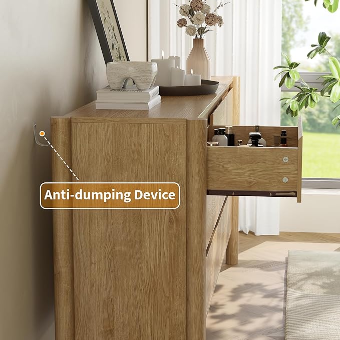 Dresser for Bedroom with 9 Drawers,63" Wide Oak Dresser with 4 Solid Wood Legs, Wooden TV Stand,Closet Clothes Organizer for Bedroom, Hallway