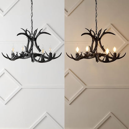 JONATHAN Y JYL6301D Eldora 26" Adjustable Resin Antler 4-Light LED Chandelier, Black for Living Room, Dining Room
