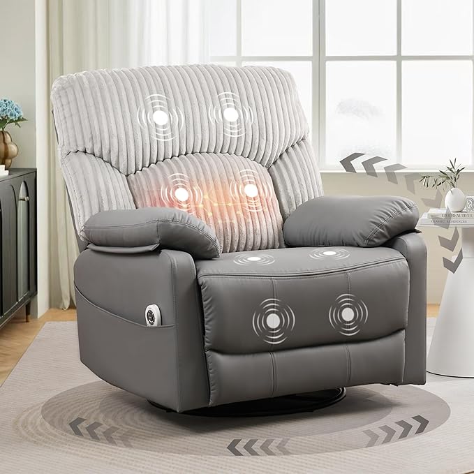 Power Swivel Rocker Recliner Chair with Massage and Heat for Adults, Electric Infinite Position Recliner with USB Charging Port, Corduroy and PU Leather Mixed Fabric, Easy Assembly (Grey)