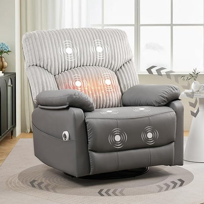 Power Swivel Rocker Recliner Chair with Massage and Heat for Adults, Electric Infinite Position Recliner with USB Charging Port, Corduroy and PU Leather Mixed Fabric, Easy Assembly (Grey)