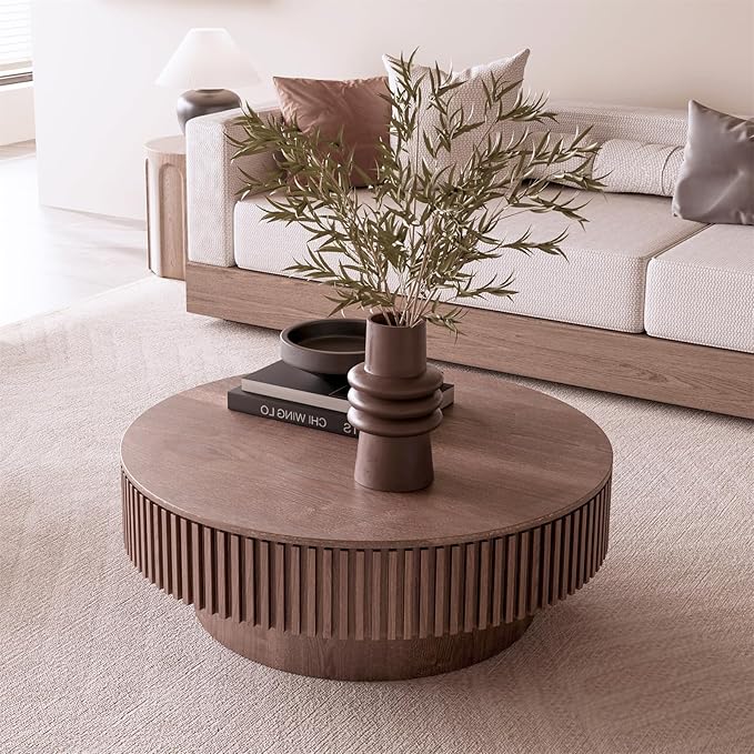 39.37'' Round Coffee Table for Living Room, Fluted Coffee Table with Hidden Storage, Solid Wood Veneered Circle Tea Table, Modern Tea Table for Small Space Apartment (Walnut)