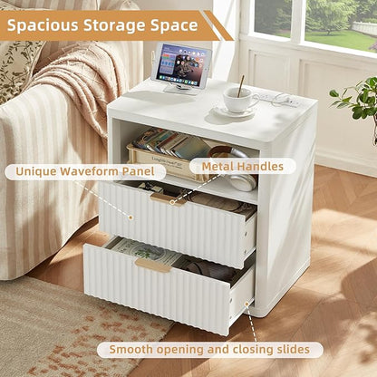 LEYAOYAO Fluted Nightstand with Charging Station, 23" Wide 2 Drawers End Table,White Night Stand with Open Storage Cabinet, Farmhouse Bed Side Tables, Wood Dresser for Bedroom, Living Room, Closet
