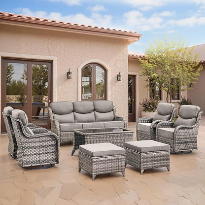 Swivel Patio Chairs Set of 3 with 6" Thick Cushion - Wicker Outdoor Swivel Rocker Patio Chairs with Side Table, High Back Comfortable Outdoor Glider - Grey Wicker | Grey Cushions