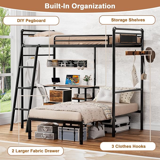 Bunk Bed Twin Over Twin, Industrial Heavy Duty Metal Bed with LED Lights & Charging Sation, bunk beds for Kids, School, Bedroom, Safety Guardrail and Ladder
