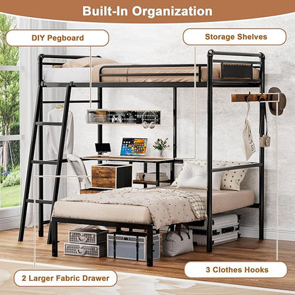 Bunk Bed Twin Over Twin, Industrial Heavy Duty Metal Bed with LED Lights & Charging Sation, bunk beds for Kids, School, Bedroom, Safety Guardrail and Ladder