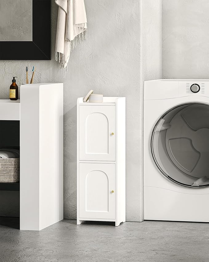 Bathroom Storage Cabinet, Corner Floor Cabinet with 2 Doors and Adjustable Shelf, Narrow Toilet Paper Cabinets, Bathroom Organizer for Small Spaces, 7.9" D x 9.8" W x 29.5" H White