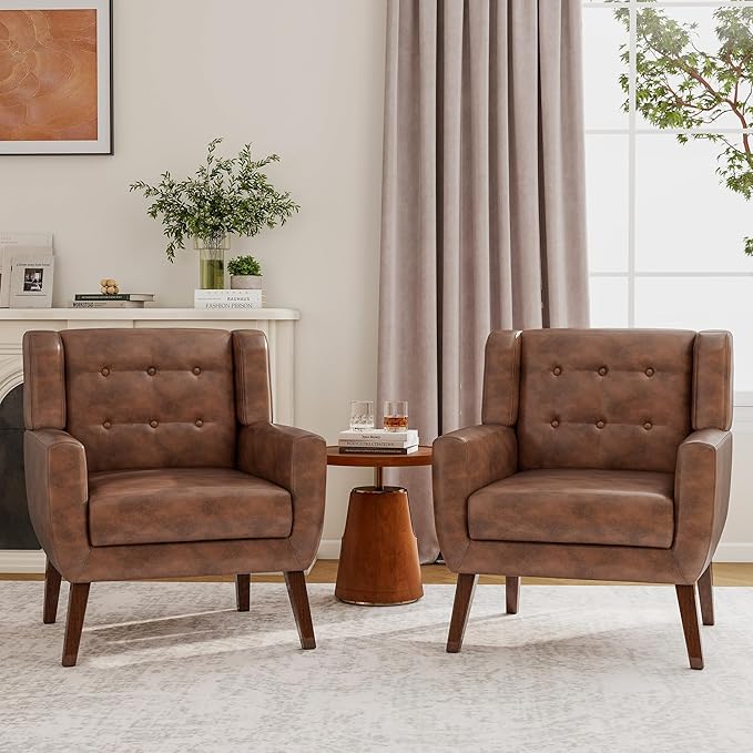 Accent Chairs Set of 2, Modern Faux Leather Armchairs for Living Room, Comfy Upholstered Arm Chairs Tufted for Indoor Bedroom Office Room (P Coffee)