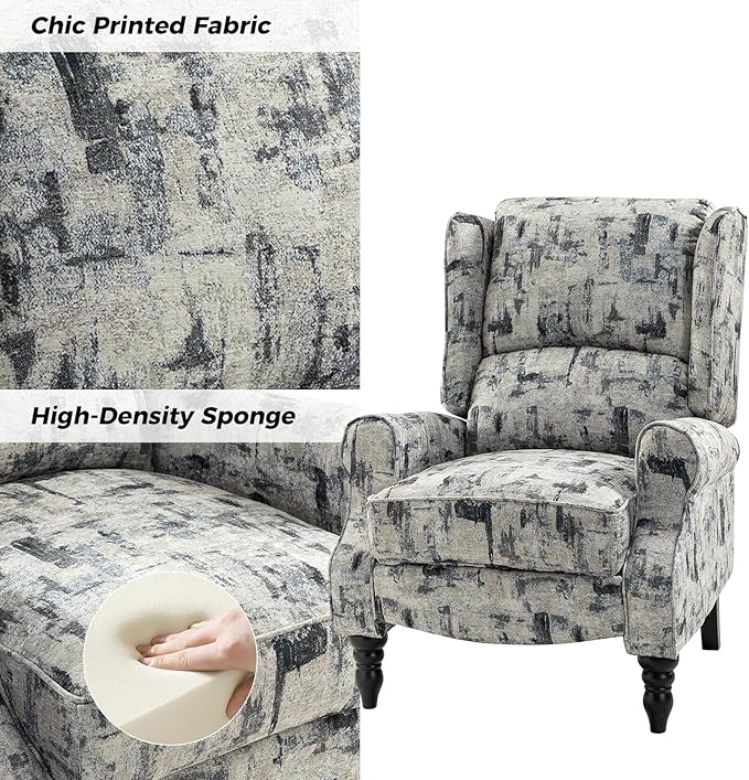 HULALA HOME Upholstered Wingback Recliner Chair, Small Adjustable Footrest Push Back Single Reclining Sofa, Mid Century Modern Lounge Armchair for Living Room, Bedroom, Reading/Grey